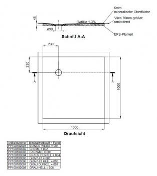 Schedel barriere freie Dusche - Duschboard - Duschwanne Mineraloberfläche 1000x1000 mm, Ablaufposition 230/230 mm